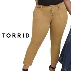Torrid Hi Rise Stretch Button Fly Mom Jeans Ankle Fringe Hem Tan - 10R
